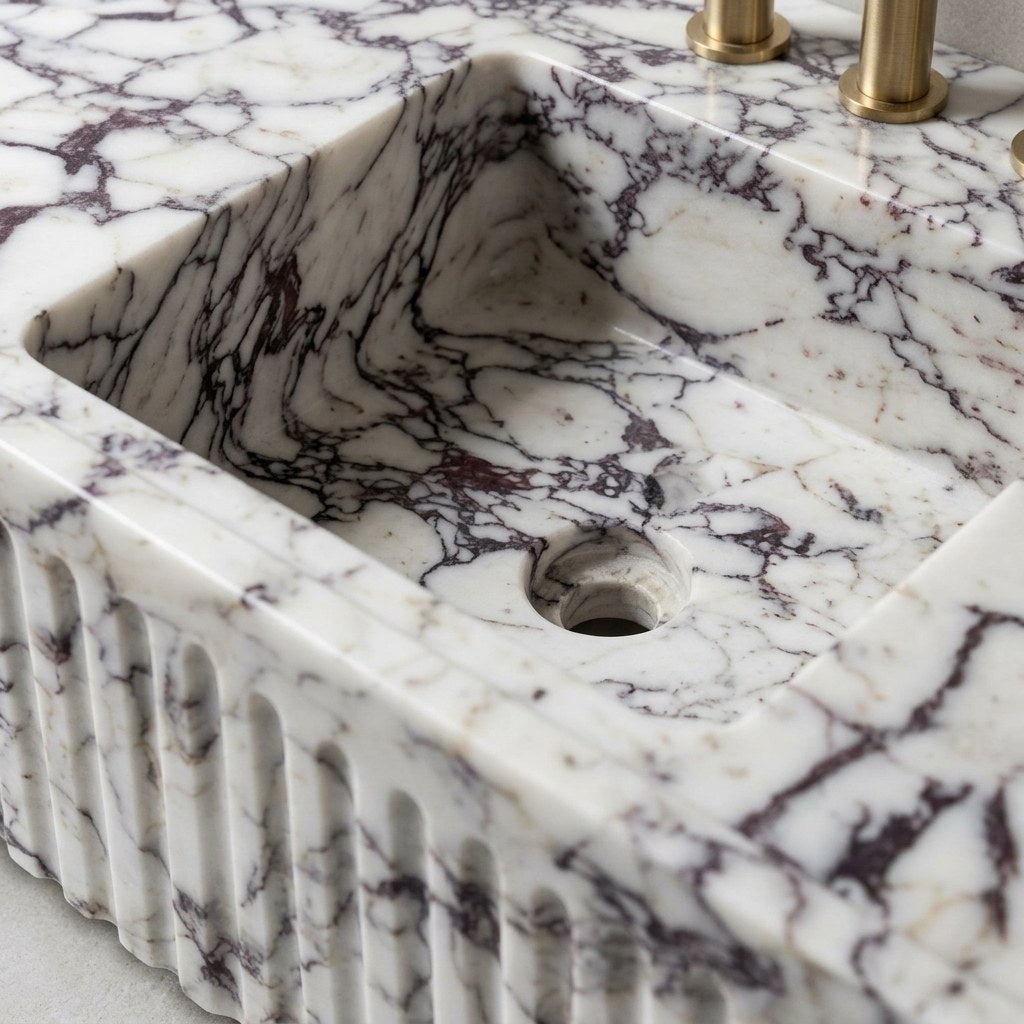 Calacatta Viola Fluted Polished Marble Sink — detail — view 4