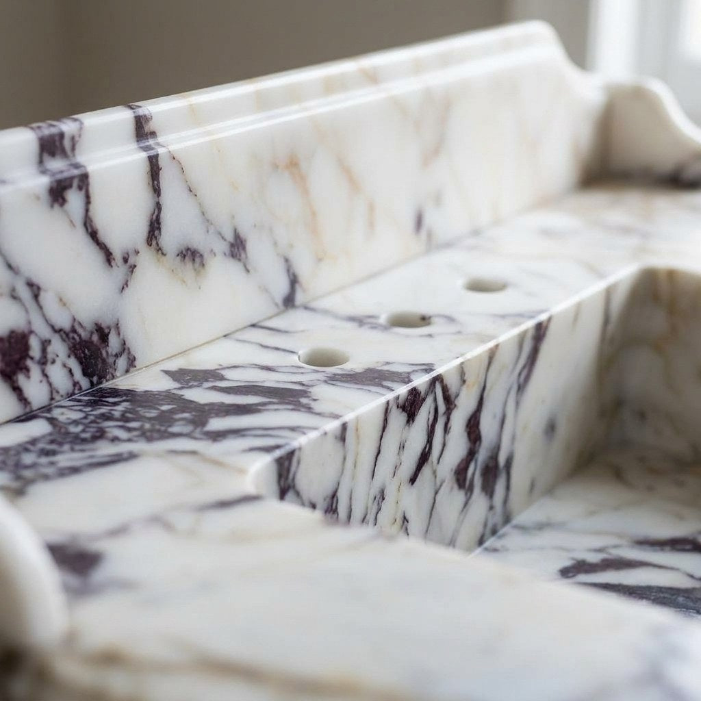 Calacatta Viola Polished Marble Sink with Metal Stand — marble detail — view 3