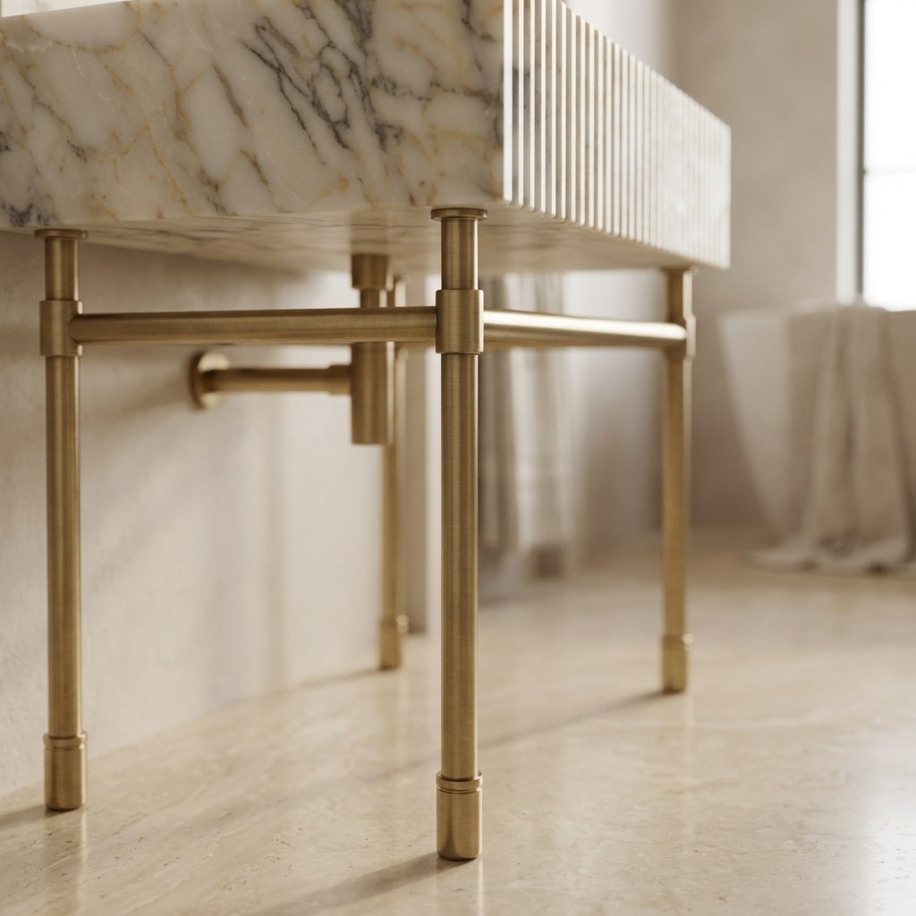Calacatta Gold Fluted Marble Sink with Brass Stand — detail — view 4