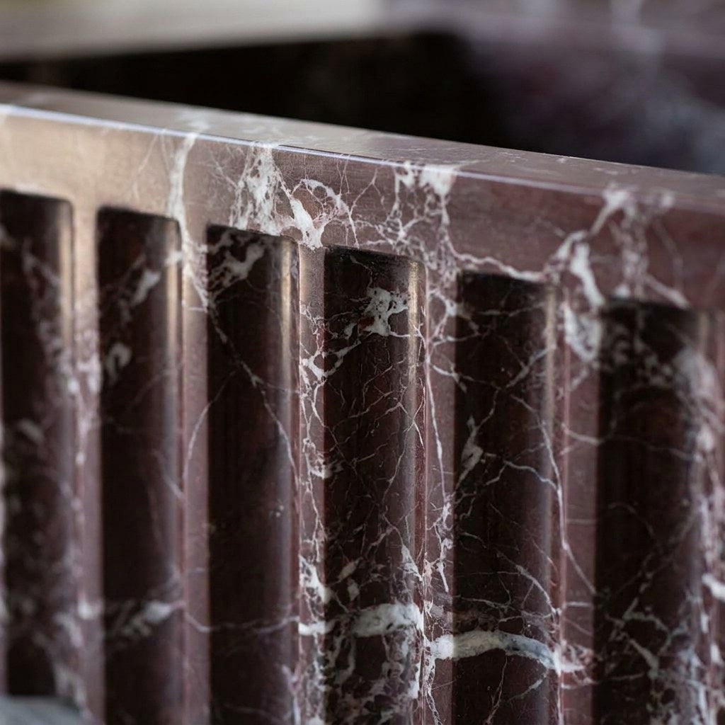 Rosso Levanto Fluted Marble Sink with Backsplash — marble detail — view 2