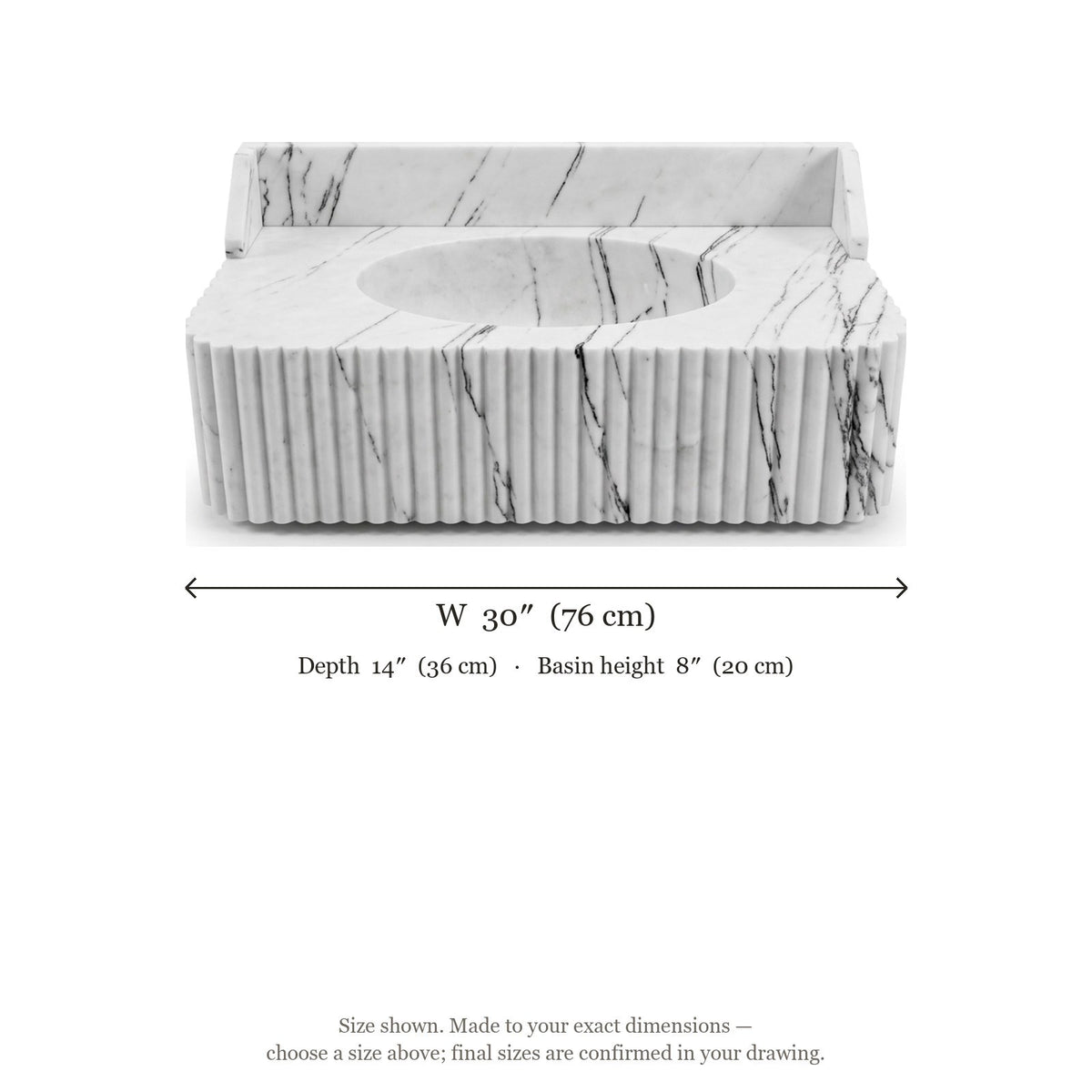 Lilac Fluted Marble Sink with Backsplash and Brass Stand — dimensions — view 5