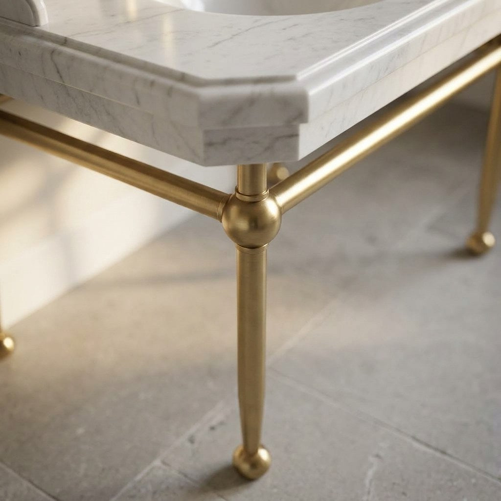 Carrara Marble Sink with Brass Gold Stand and Backsplash — detail — view 4