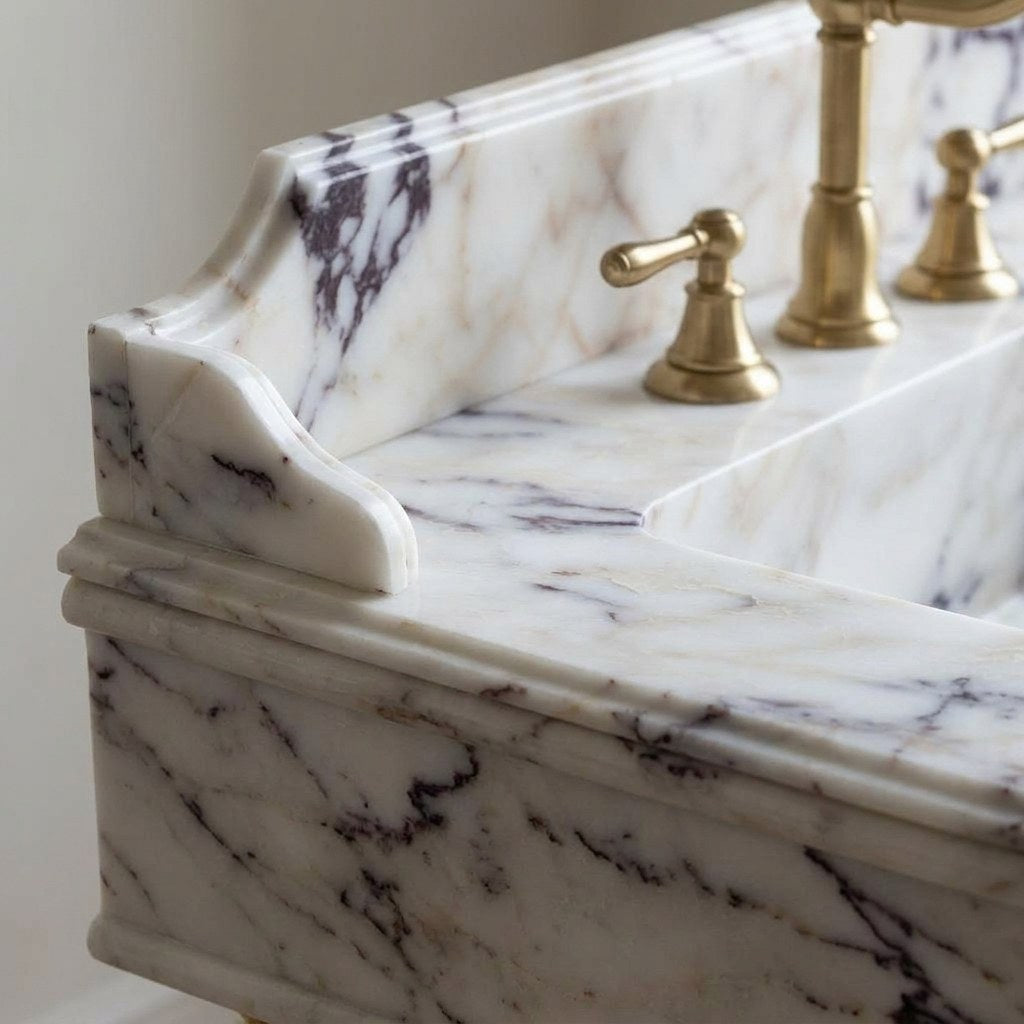 Calacatta Viola Marble Console Sink with Brass Stand and Backsplash — marble detail — view 3