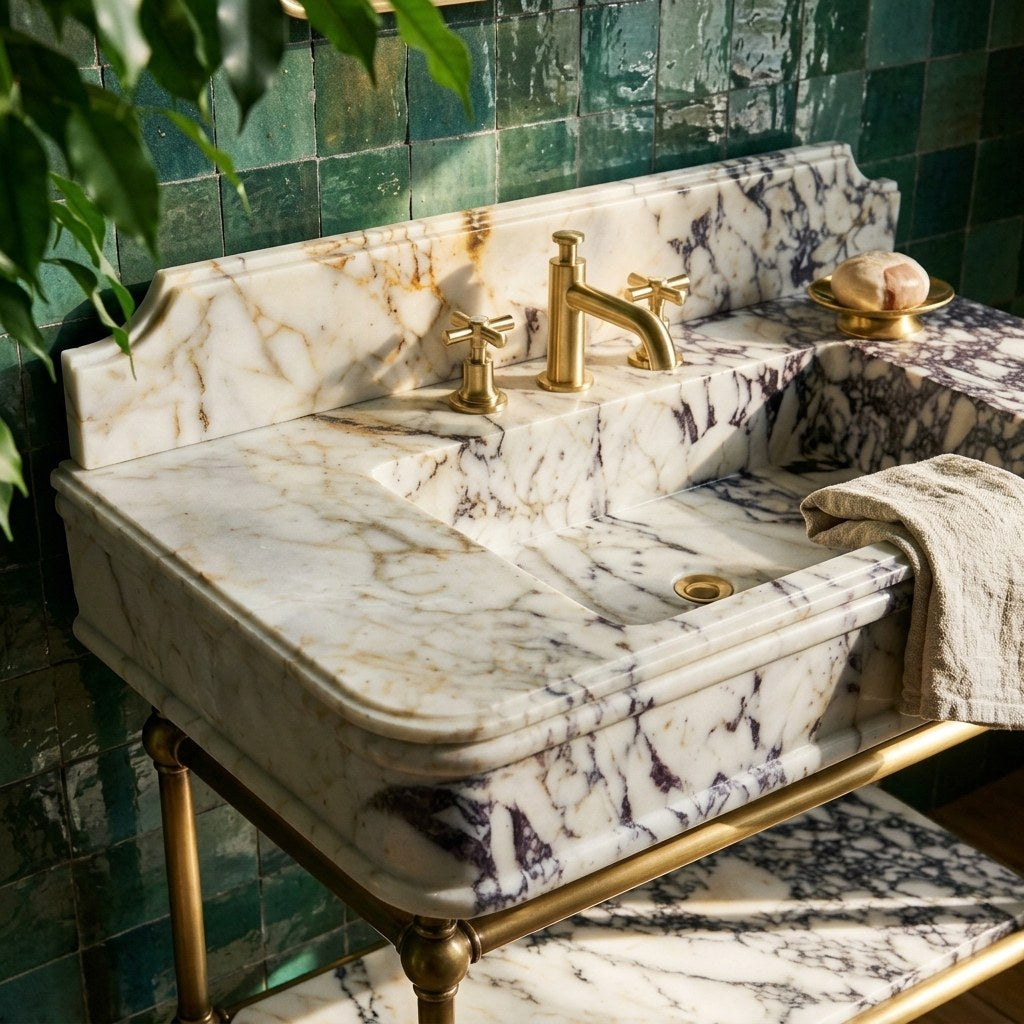 Calacatta Viola Marble Sink with Metal Stand and Backsplash — premium — view 2