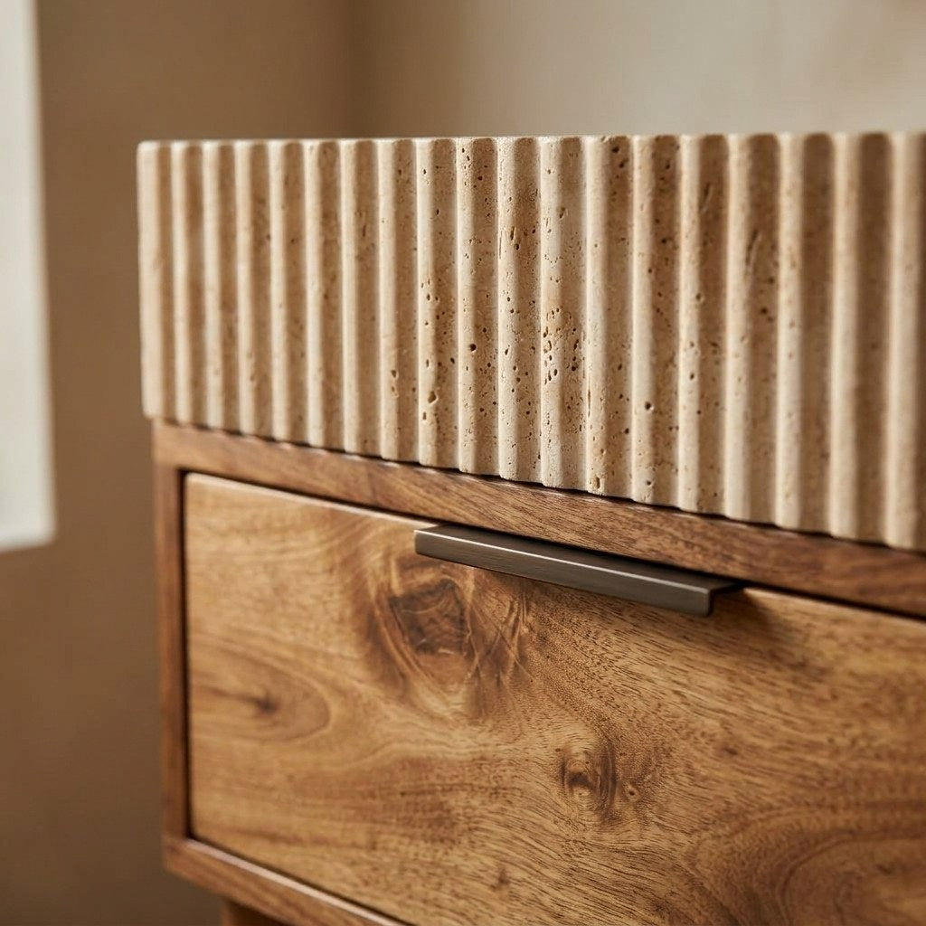 Fluted Travertine Vanity Sink with Honed Finish — detail — view 4