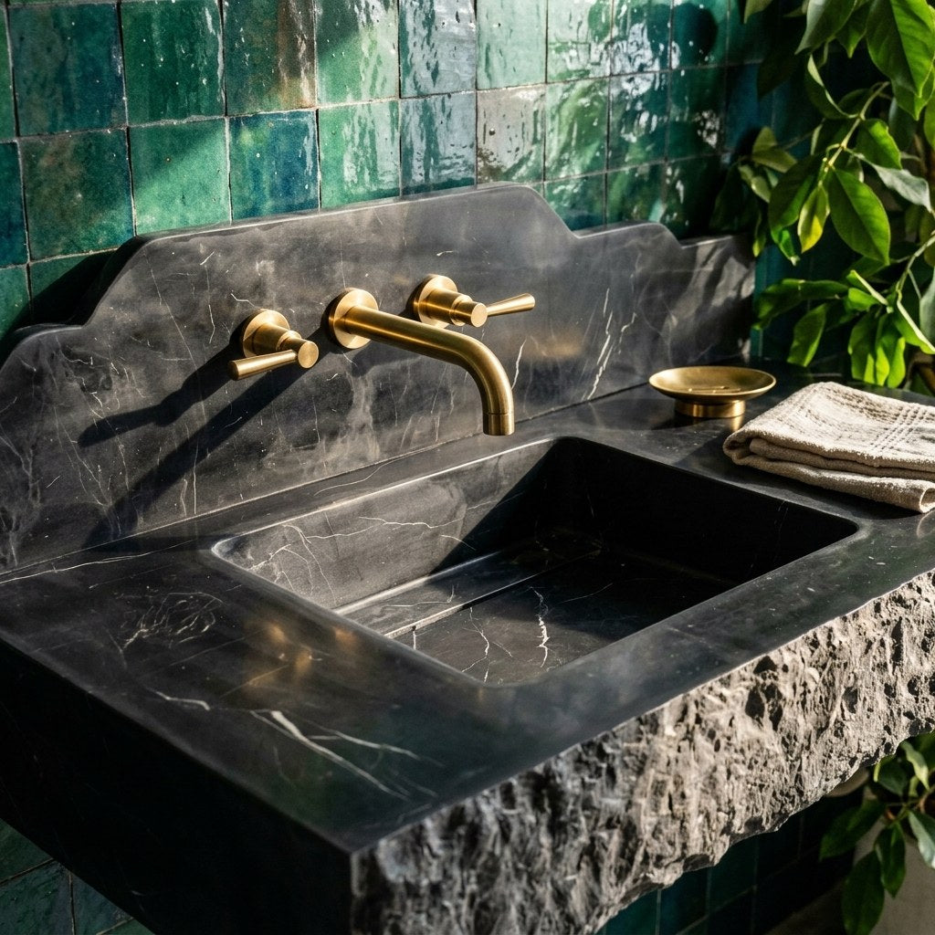 Nero Marquina Honed Marble Sink with Backsplash — premium — view 2