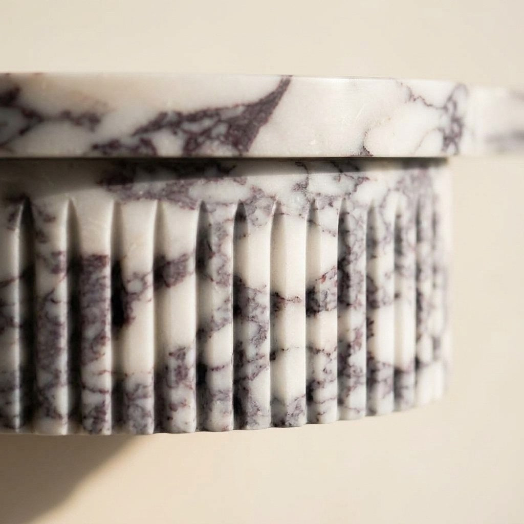 Calacatta Viola Fluted Marble Sink with Brass Stand — marble detail — view 3
