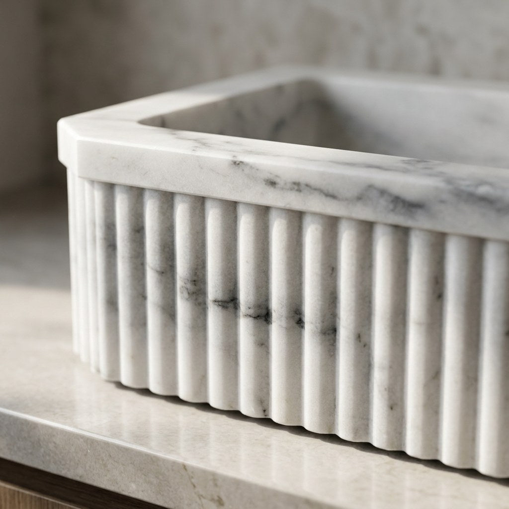 Carrara Fluted Marble Sink — marble detail — view 3