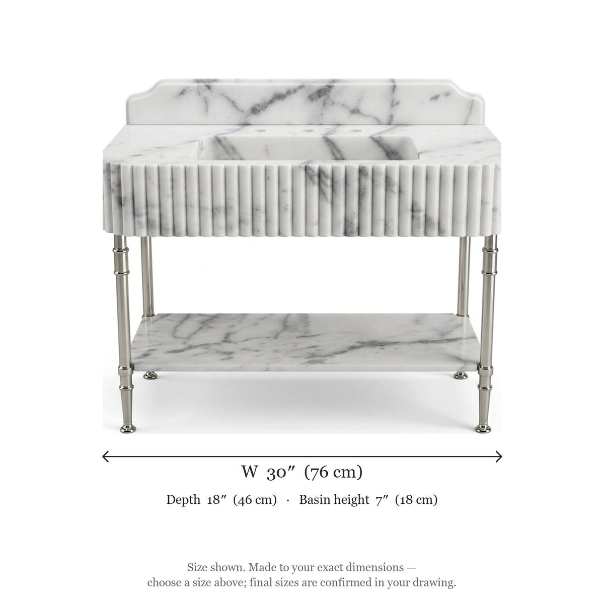 Carrara Fluted Marble Sink with Metal Stand and Backsplash — dimensions — view 4