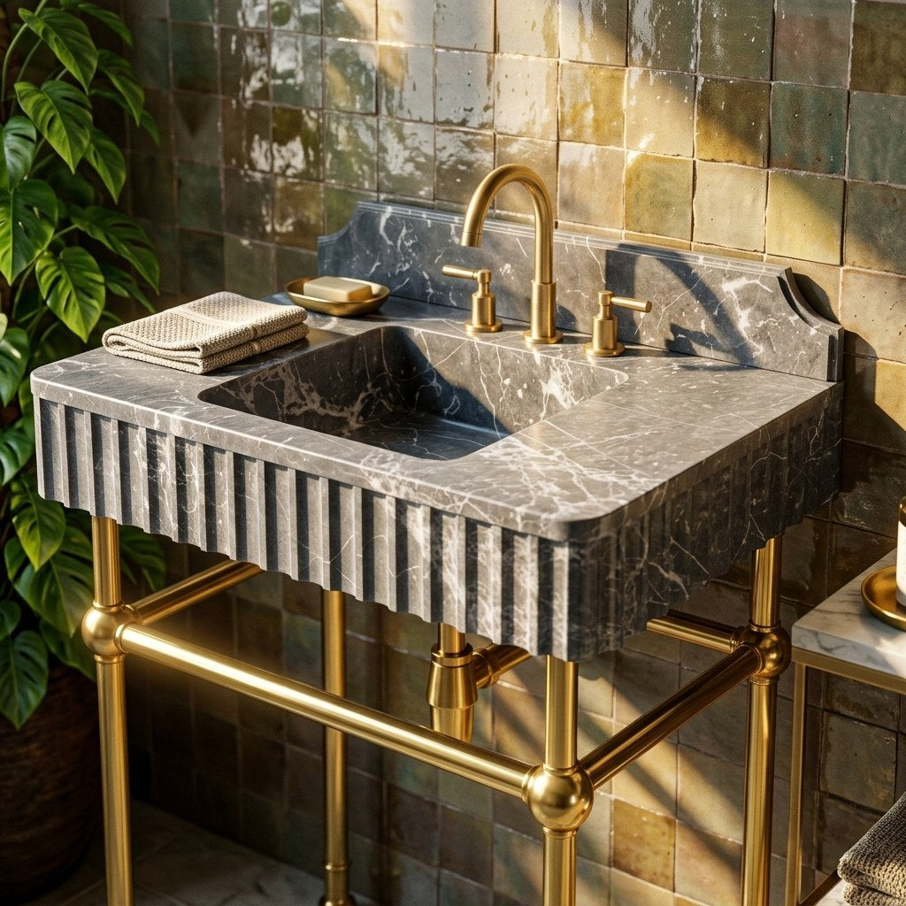 Pietra Notte Fluted Marble Sink with Brass Stand and Backsplash — premium — view 2