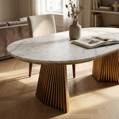 Carrara Marble Oval Table with Brass Gold Base — premium
