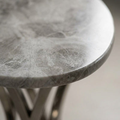 Polished Carrara Marble Table with Brushed Steel Base — marble detail
