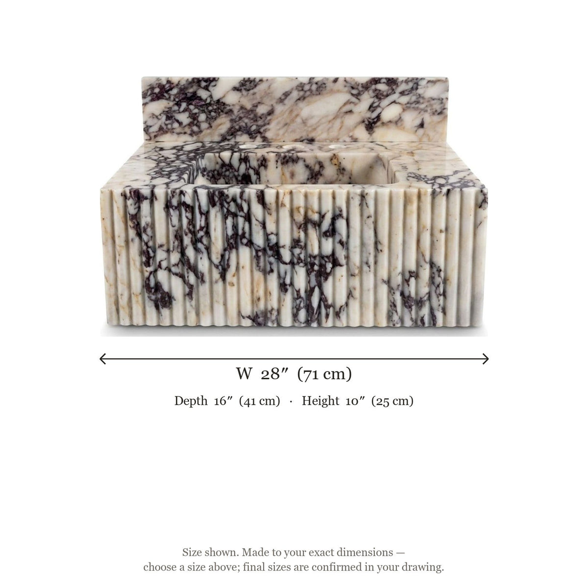 Calacatta Viola Fluted Marble Sink with Backsplash — dimensions — view 2