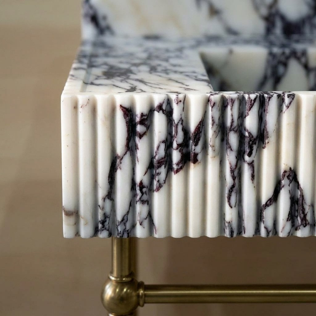 Calacatta Viola Fluted Marble Sink with Backsplash — marble detail — view 3