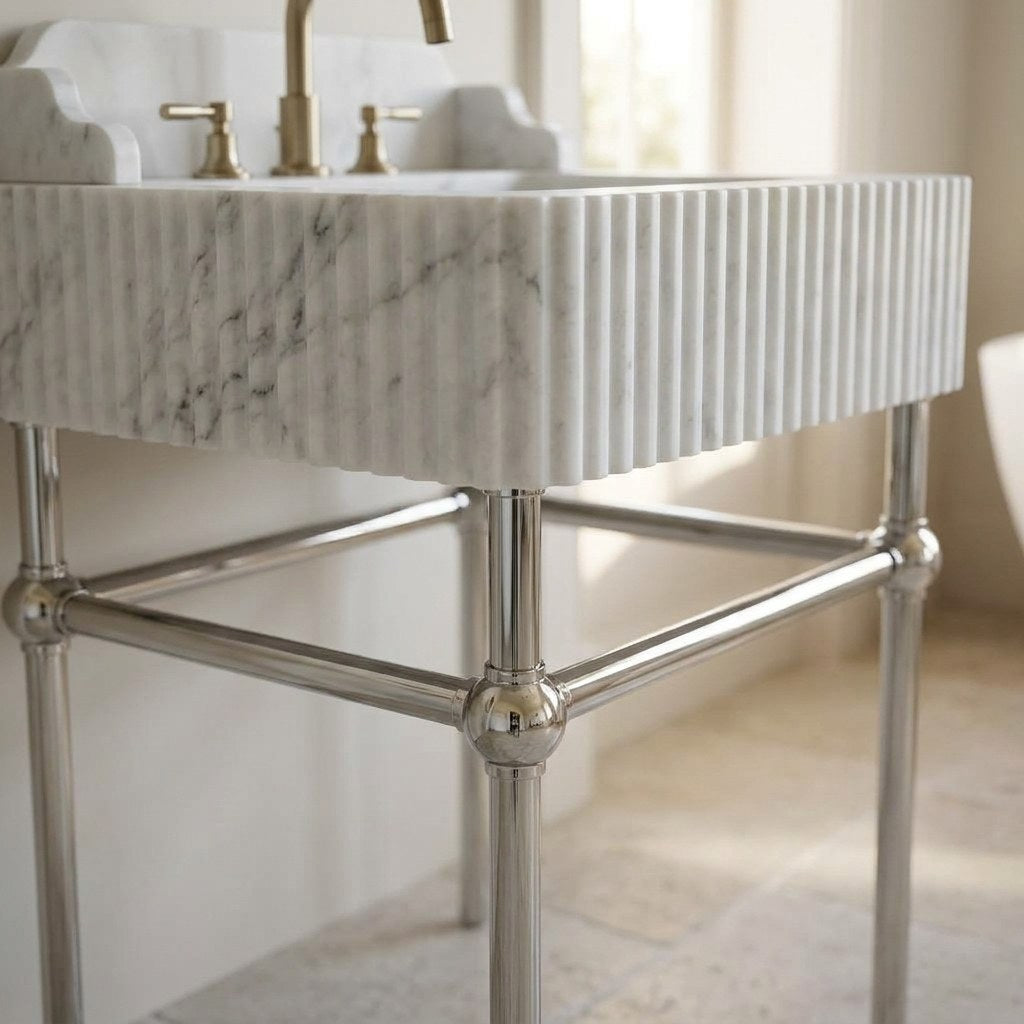 Carrara Fluted Marble Sink with Metal Stand and Backsplash — detail — view 3