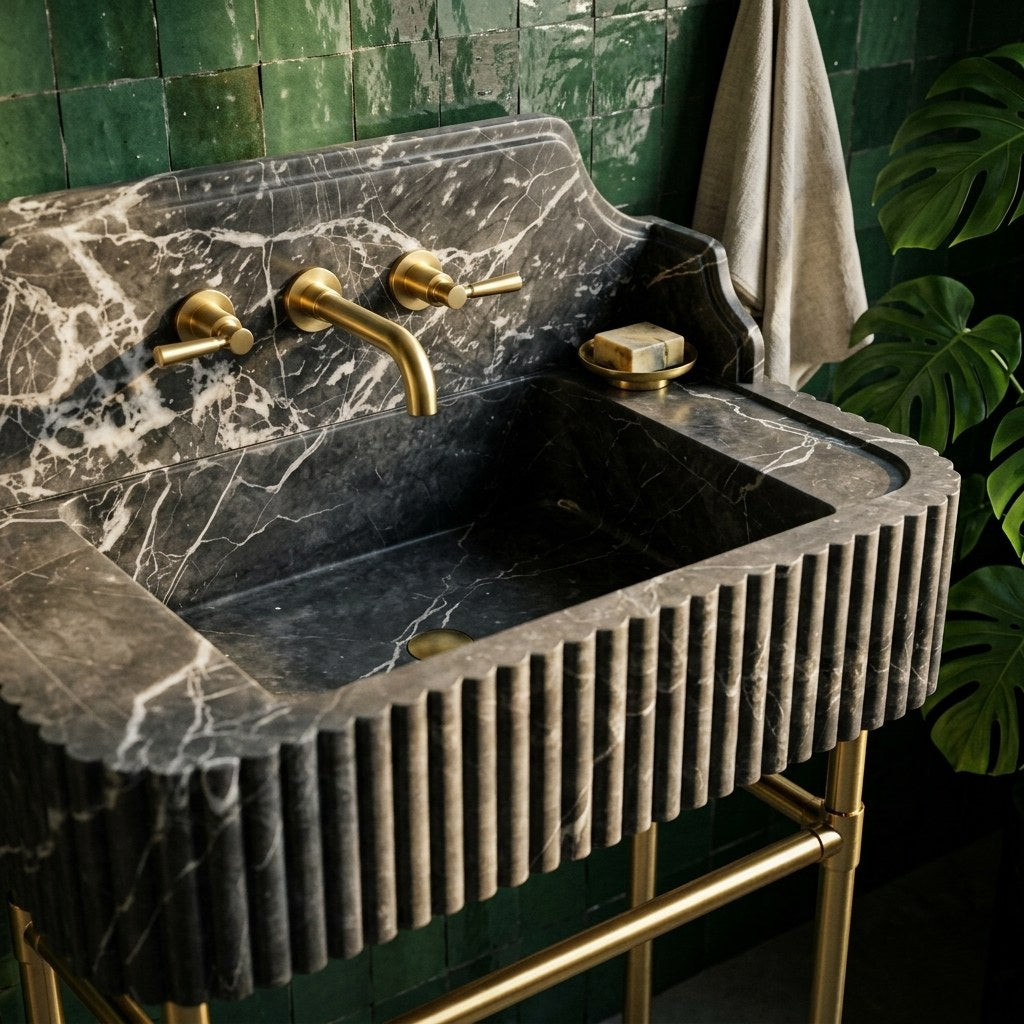 Pietra Notte Fluted Marble Sink with Brass Stand — premium — view 2