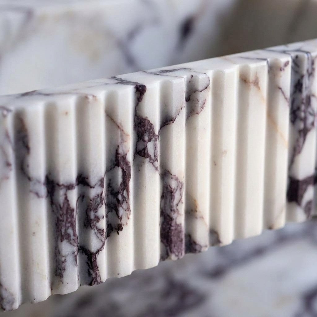 Calacatta Viola Fluted Marble Sink with Brass Stand — marble detail — view 3