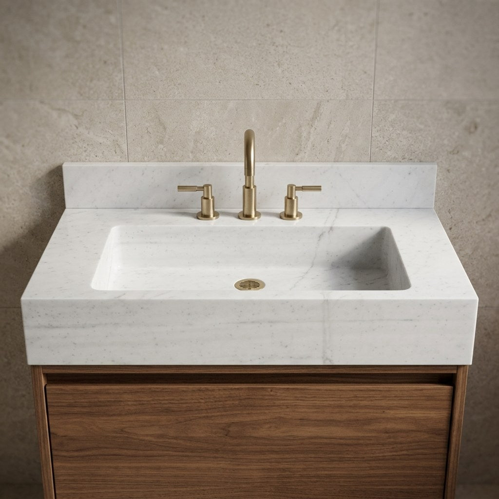 Carrara Fluted Marble Vanity with Backsplash — marble detail — view 2