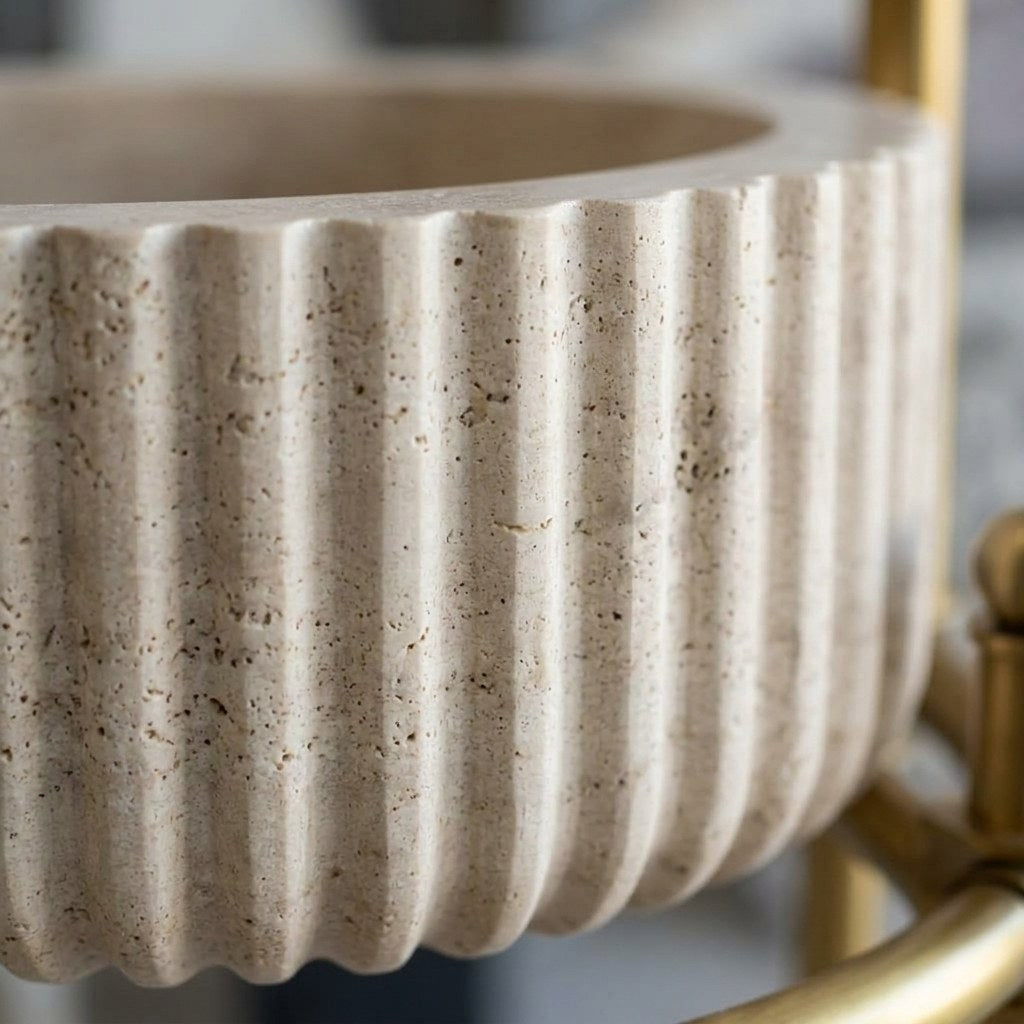 Travertine Fluted Travertine Sink with Brass Stand — marble detail — view 3