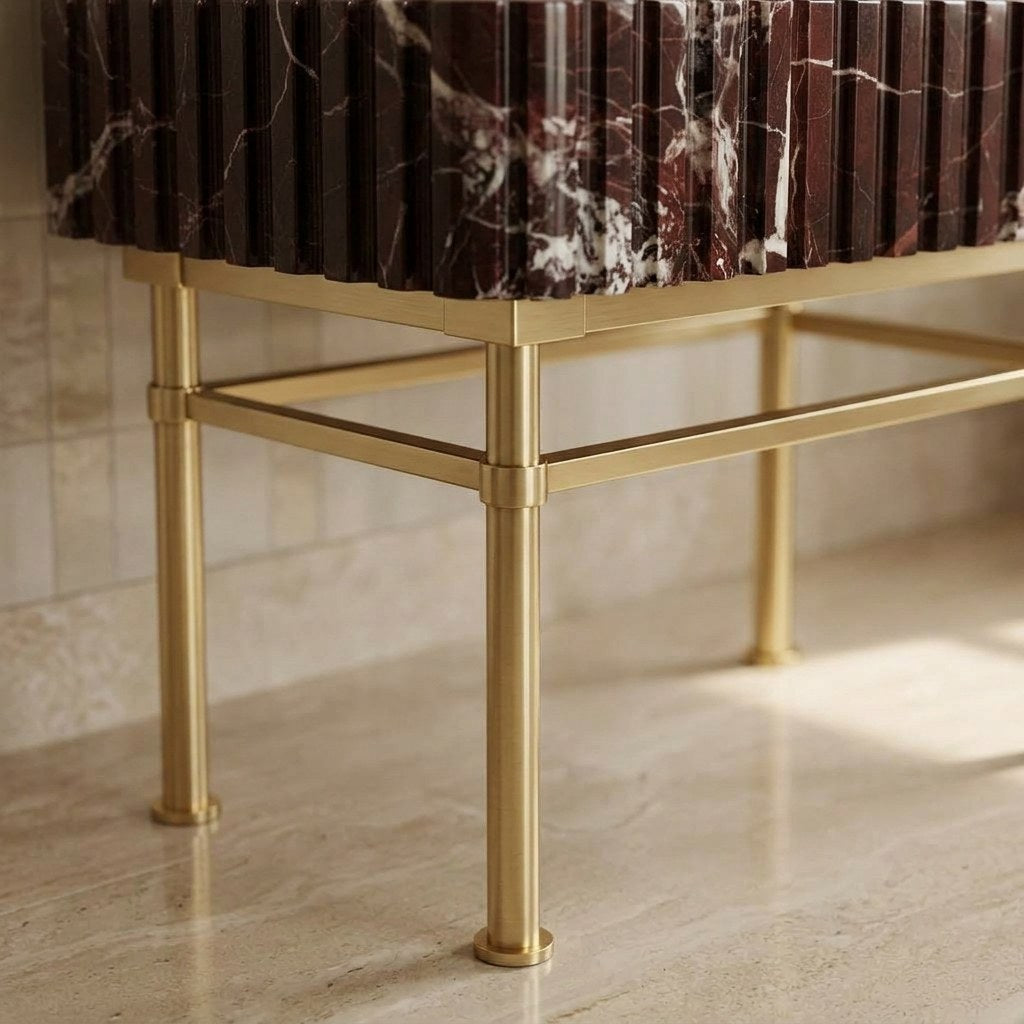 Cherry Red Fluted Marble Sink with Backsplash and Brass Stand — detail — view 4