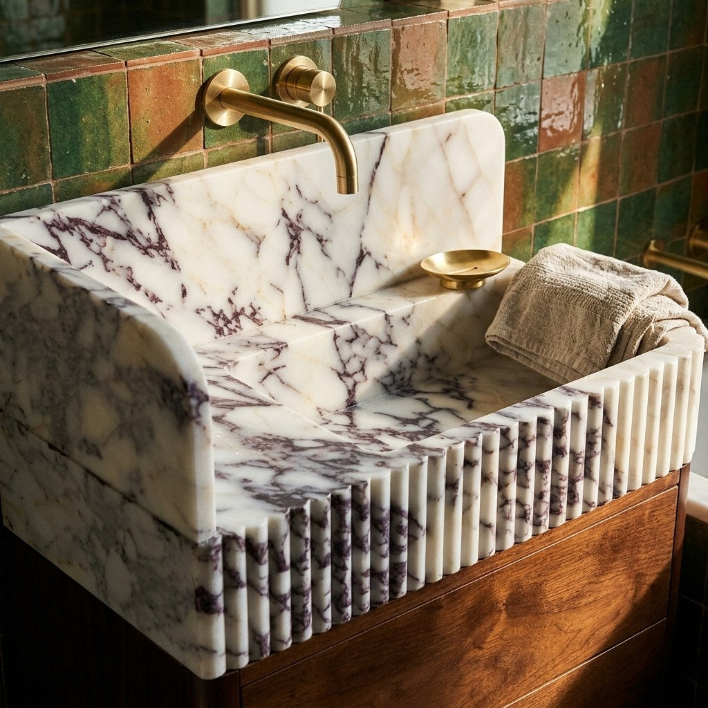 Calacatta Viola Fluted Marble Vanity Sink with Backsplash — premium — view 2