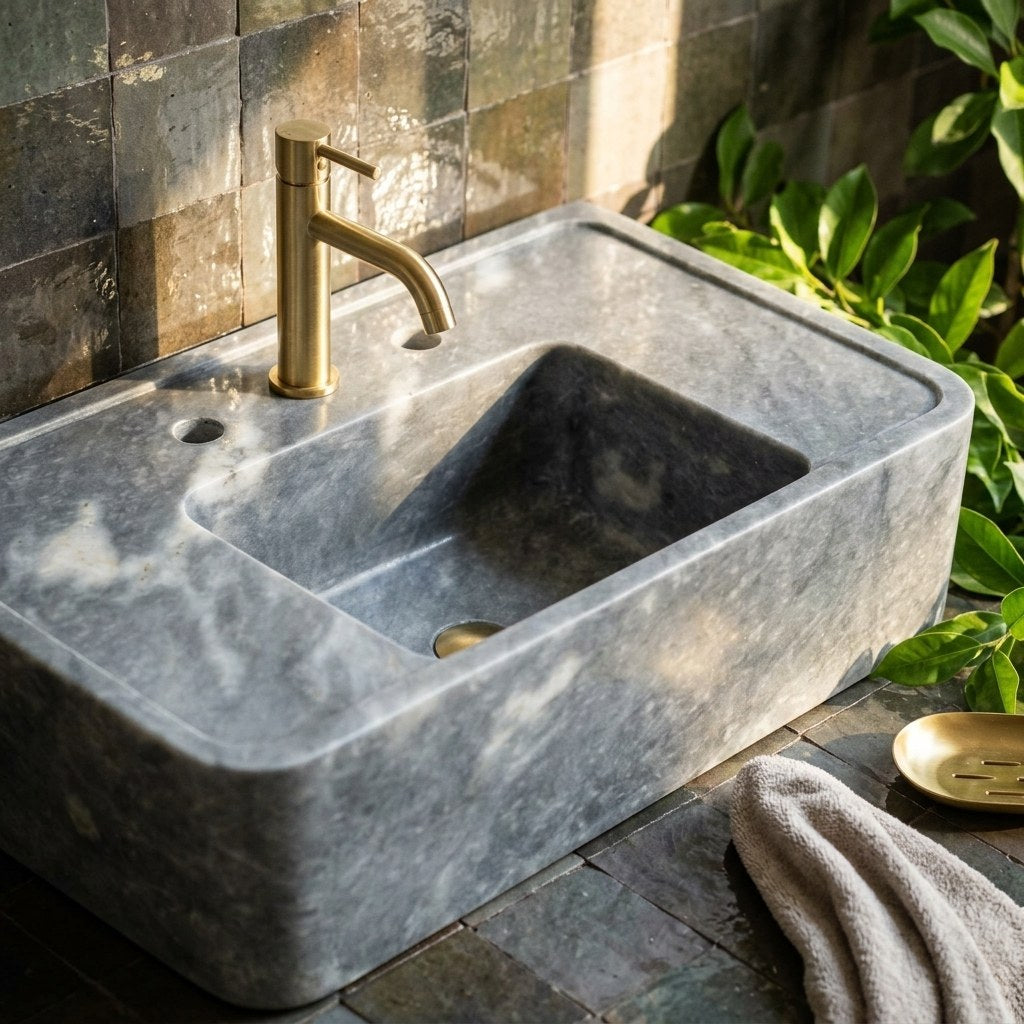 Grey Polished Marble Sink with 3 Faucet Holes — premium — view 2