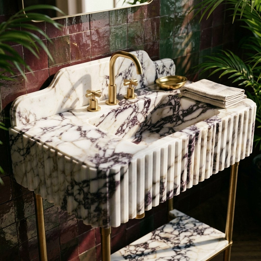 Calacatta Viola Fluted Marble Sink with Copper Stand and Backsplash — premium — view 2