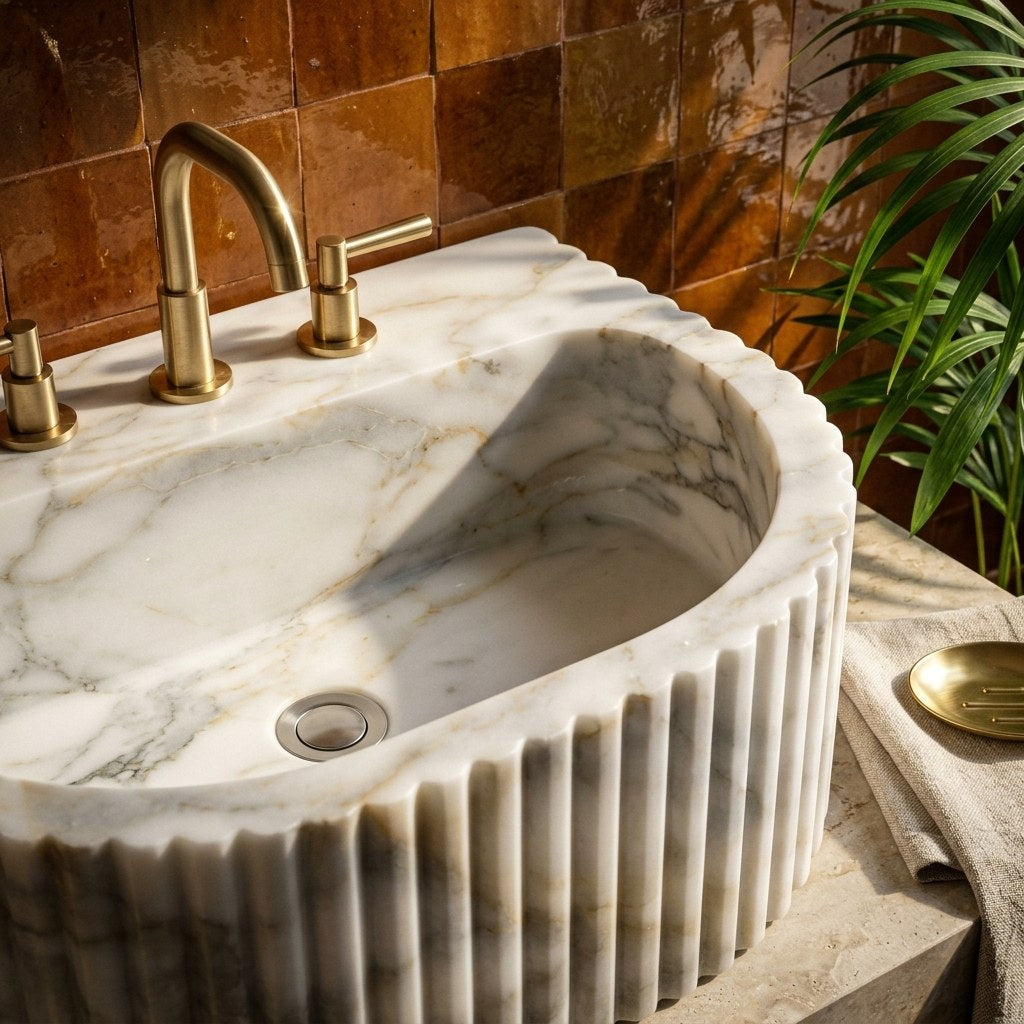 Calacatta Gold Fluted Marble Sink — premium — view 2