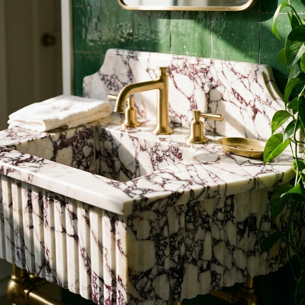 Calacatta Viola Fluted Marble Sink with Brass Stand — premium — view 2
