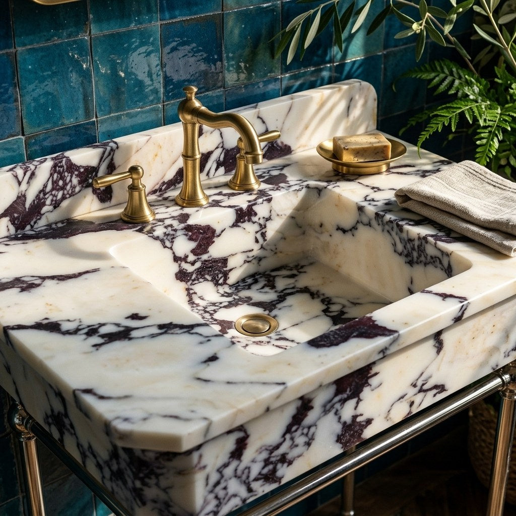 Calacatta Viola Marble Sink with Metal Stand and Backsplash — premium — view 2