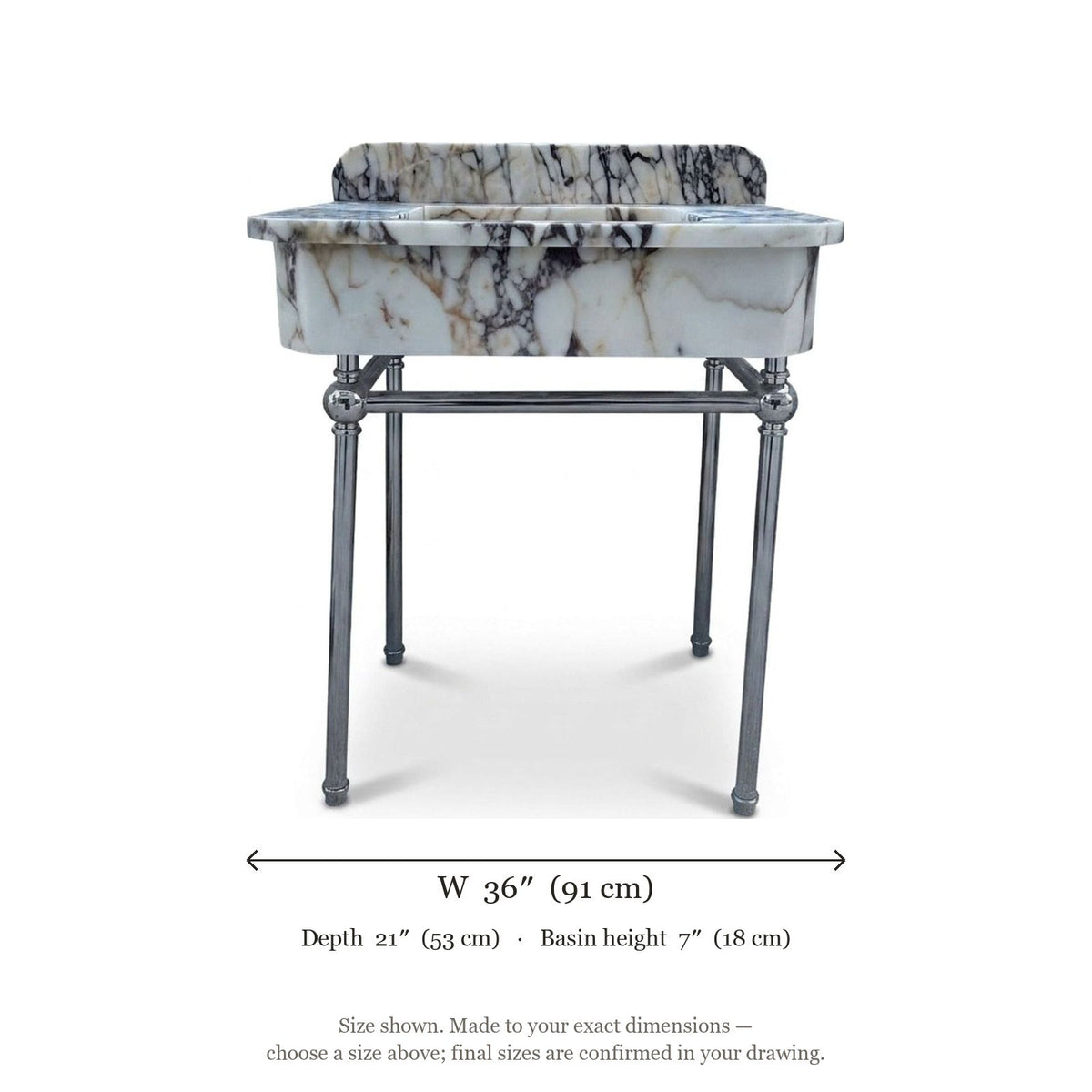 Calacatta Viola Marble Sink with Metal Stand and Backsplash — dimensions — view 4