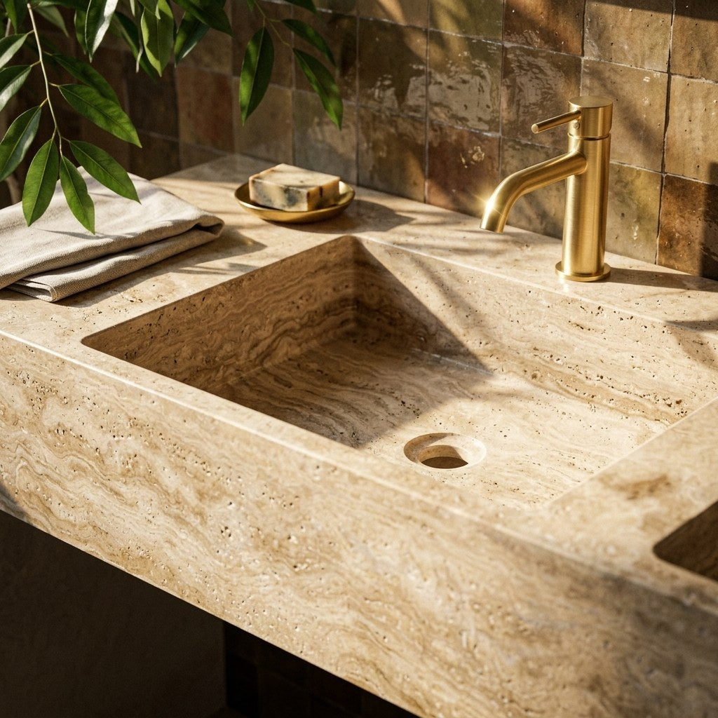 Travertine Double Basin Polished Stone Sink — premium — view 2