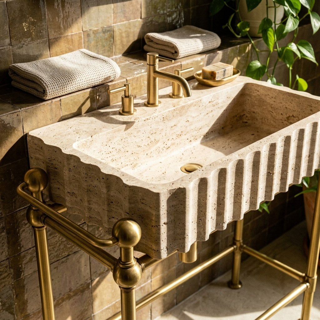 Travertine Fluted Sink with Brass Stand — premium — view 2