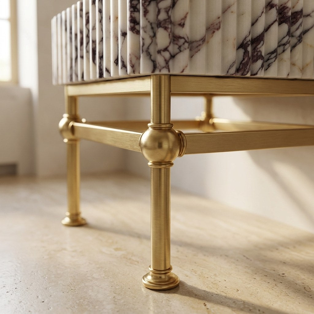 Calacatta Viola Fluted Marble Sink with Champagne Gold Stand — detail — view 4