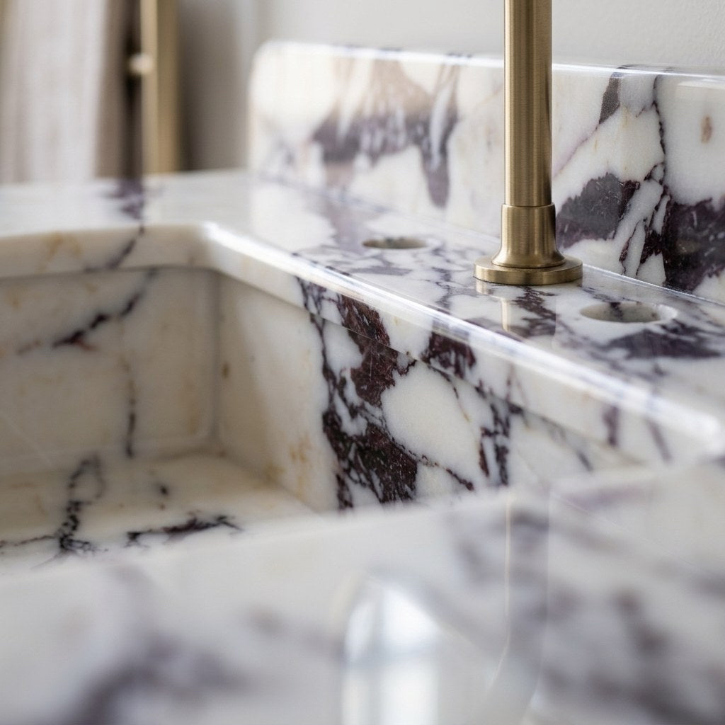 Calacatta Viola Marble Sink with Metal Stand and Backsplash — marble detail — view 3