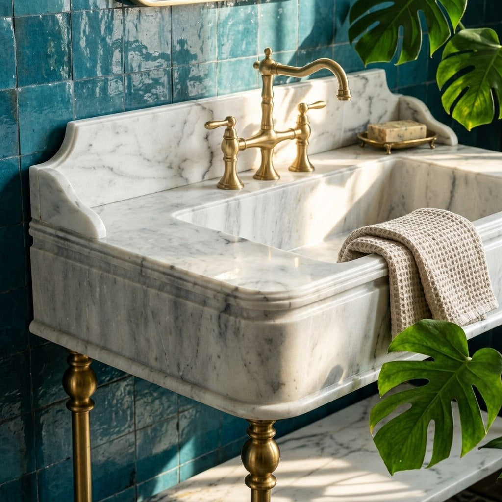 Carrara Honed Marble Sink with Brass Stand and Backsplash — premium — view 2