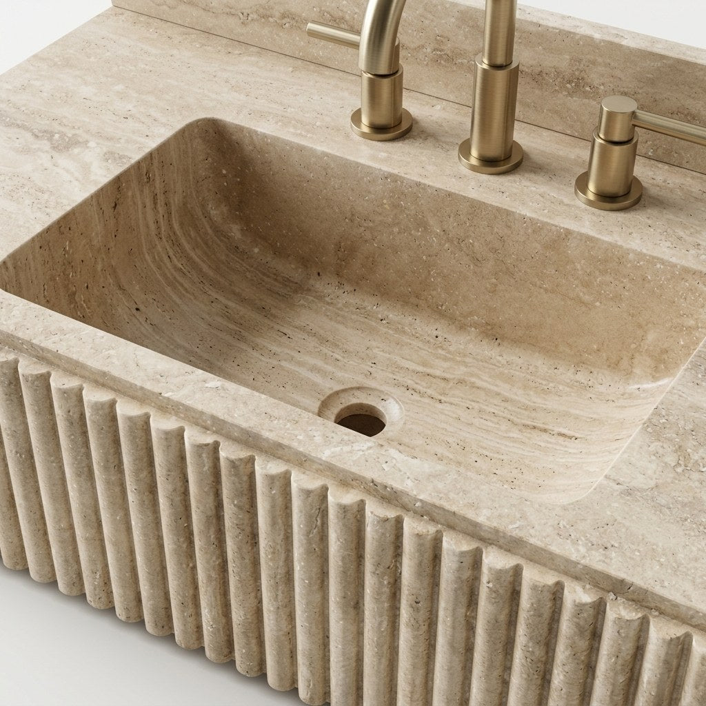 Polished Travertine Fluted Sink with Backsplash — detail — view 4