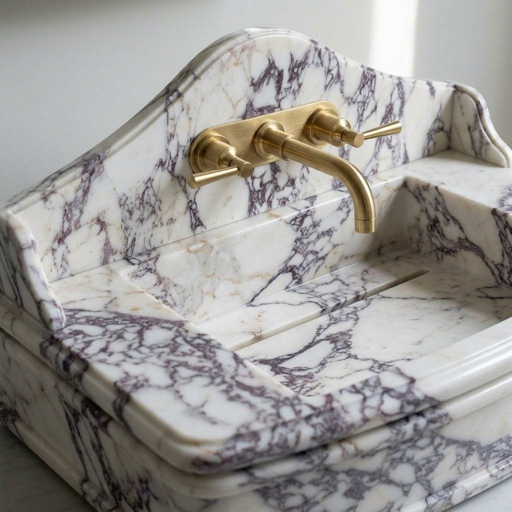 Calacatta Viola Honed Marble Sink with Backsplash — marble detail — view 2