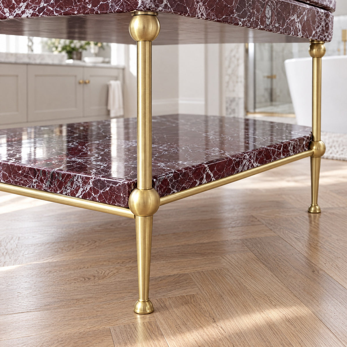 Rosso Levanto Marble Sink with Brass Stand and Backsplash — detail — view 4