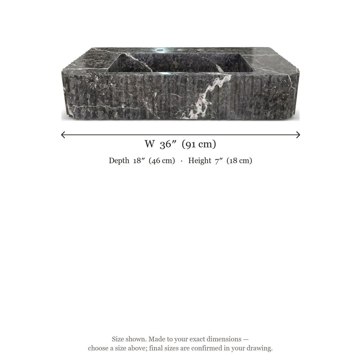 Pietra Notte Fluted Polished Marble Sink — dimensions — view 5