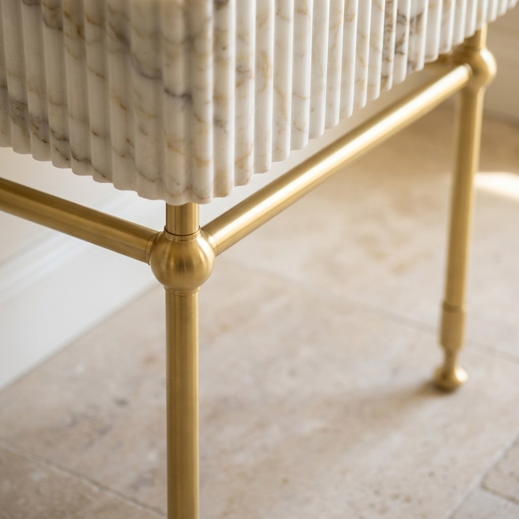 Calacatta Gold Fluted Marble Sink with Brass Stand — detail — view 4