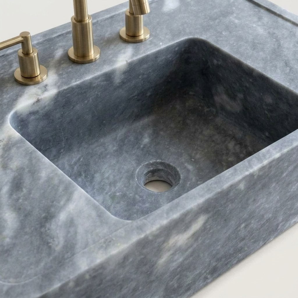 Grey Polished Marble Sink with 3 Faucet Holes — detail — view 4
