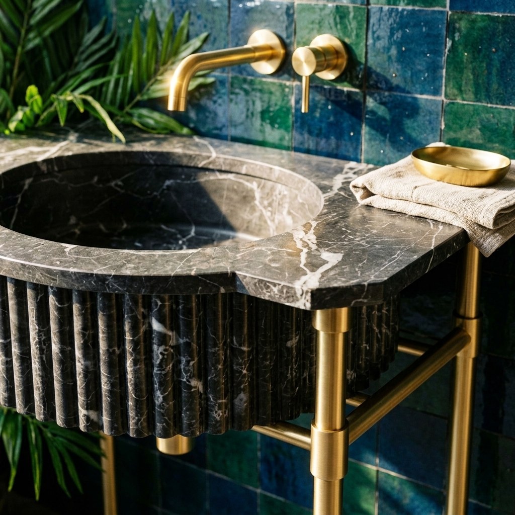 Pietra Notte Fluted Marble Sink with Champagne Gold Stand — premium — view 2