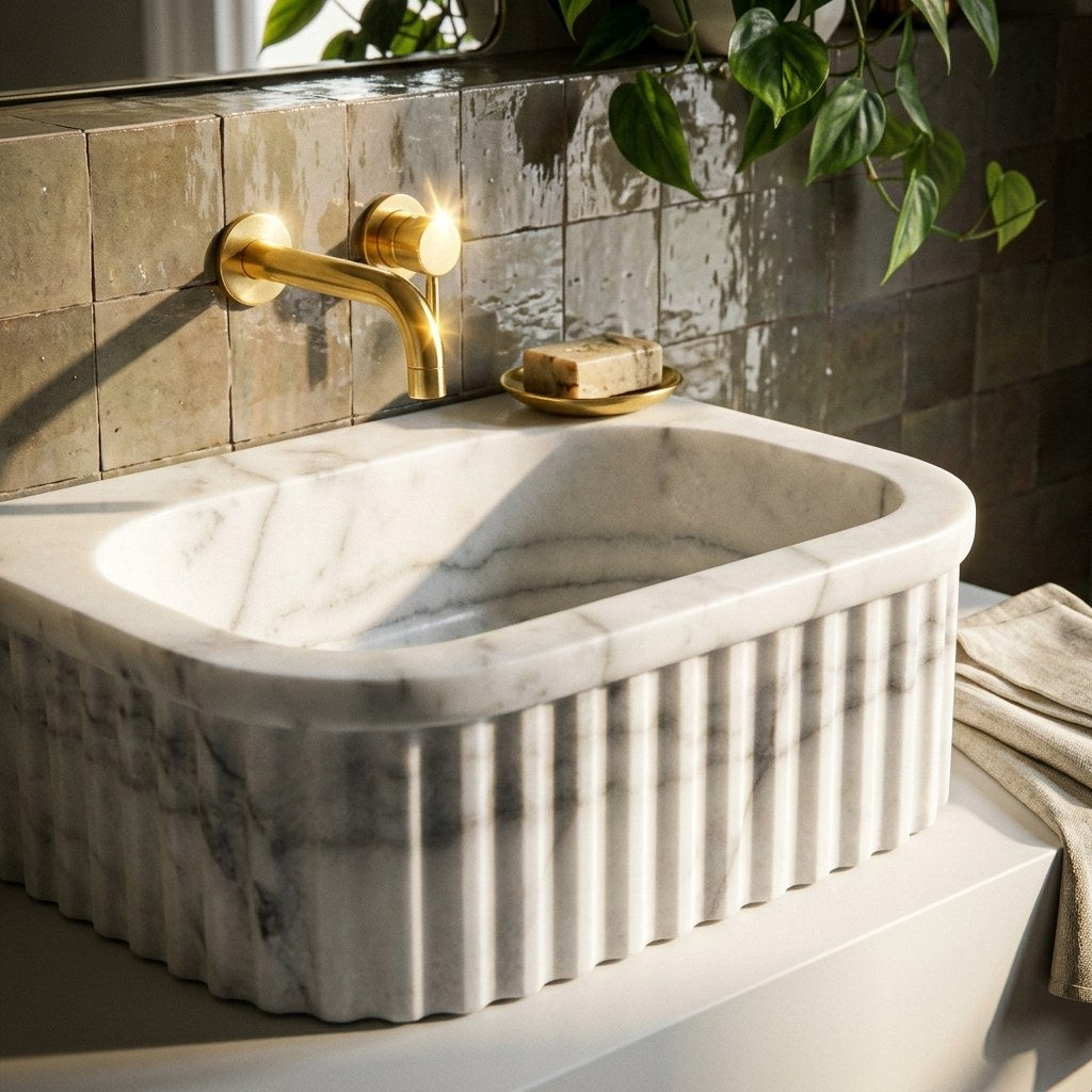 Carrara Fluted Polished Marble Vessel Sink — premium — view 2