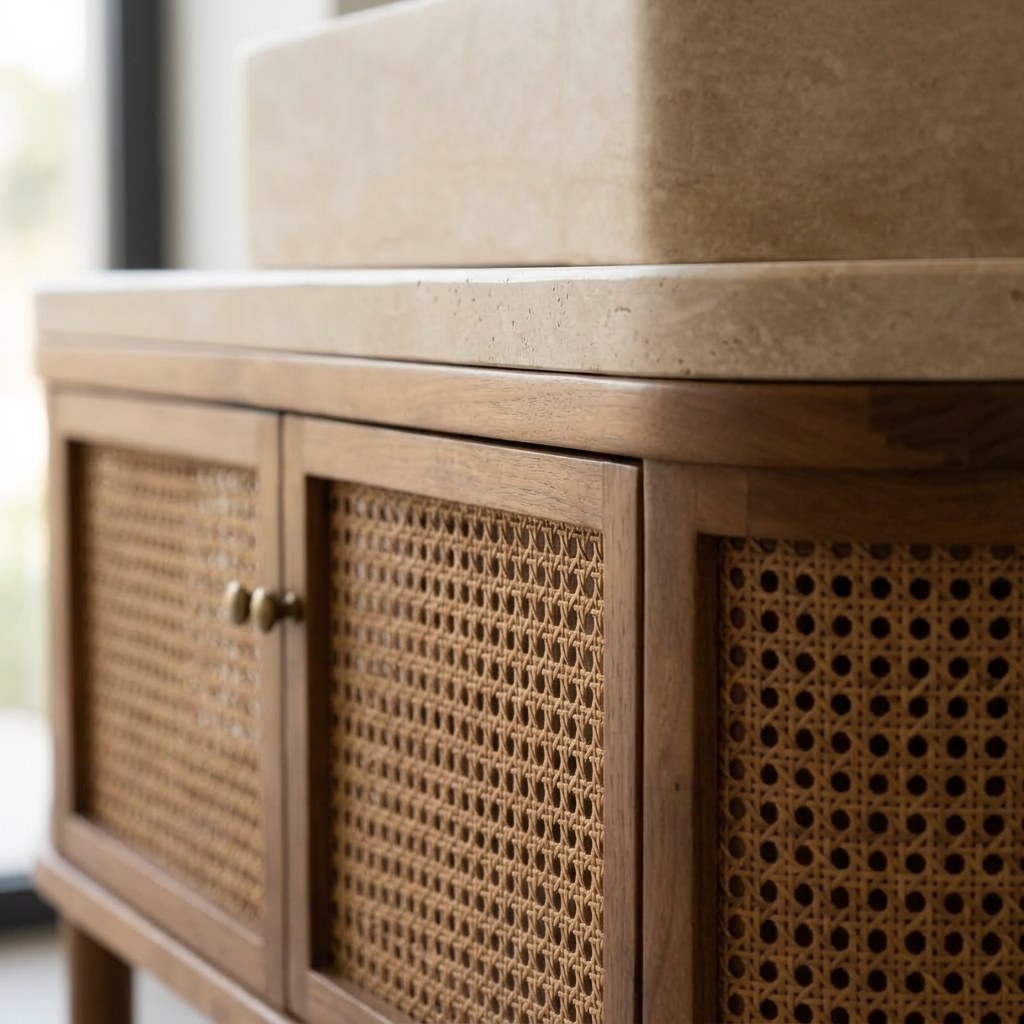 Polished Travertine Vessel Sink Bathroom Vanity — detail — view 4