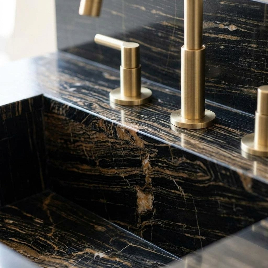 Picasso Marble Vanity with Brass Stand and Backsplash — marble detail — view 2