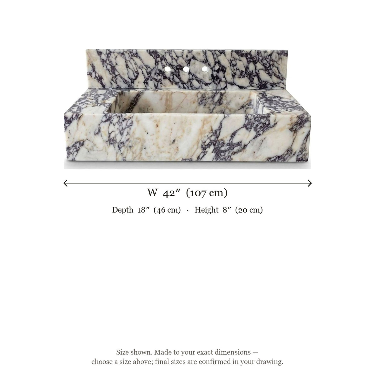 Calacatta Viola Polished Marble Sink with Backsplash — dimensions — view 5