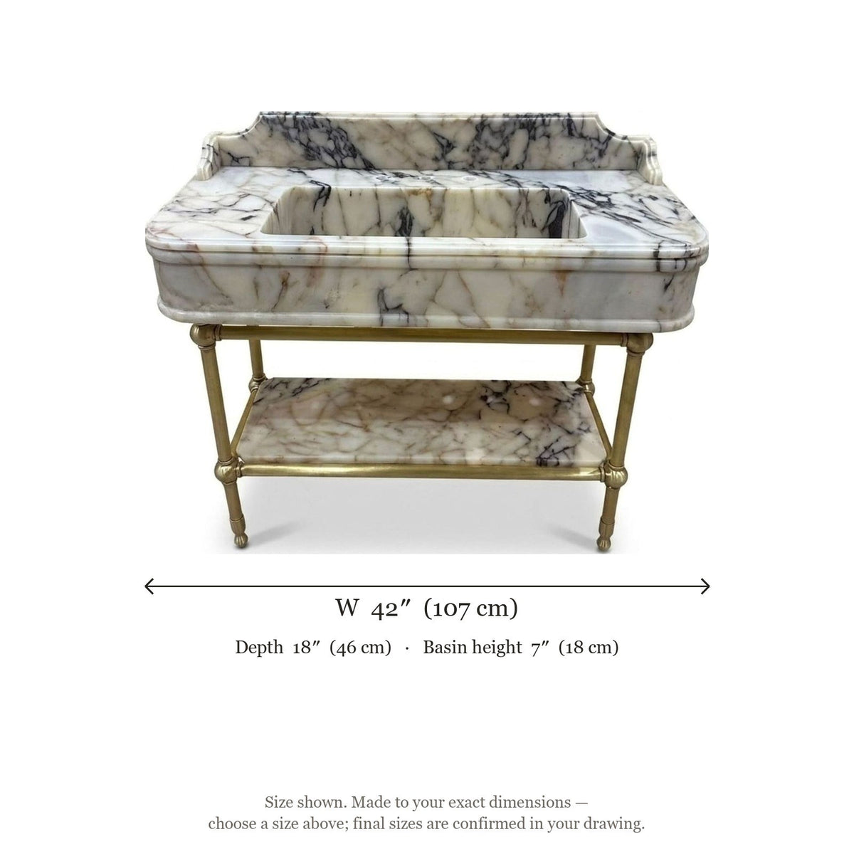 Calacatta Viola Marble Sink with Brass Gold Stand and Backsplash — dimensions — view 5