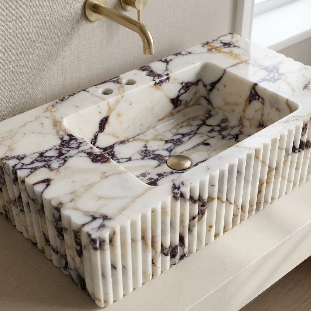 Calacatta Viola Polished Fluted Marble Sink — detail — view 3