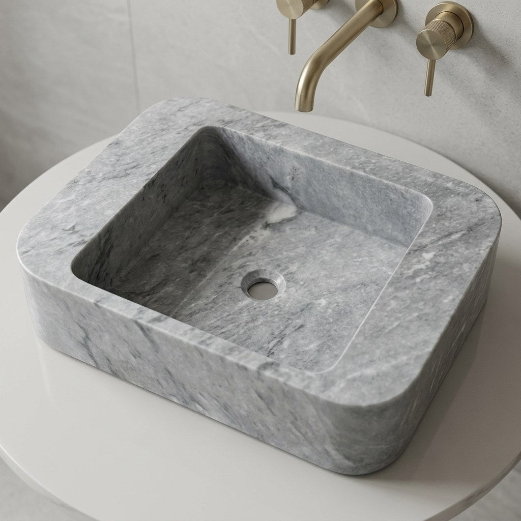 Grey Marble Rectangular Vessel Sink with Honed Finish — detail — view 4